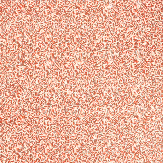 Warm watermelon-coral fabric with dense cream fern-like sprigs in a fine all-over pattern