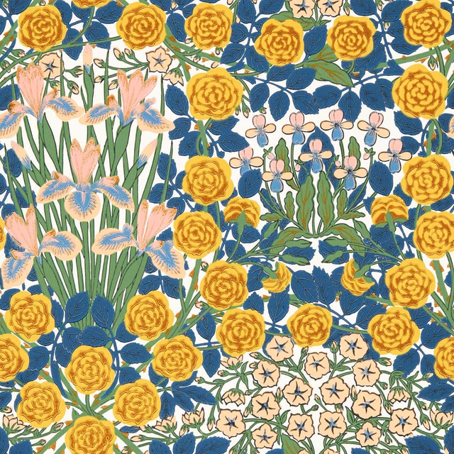 Cream wallpaper with mustard roses, navy leaves, pink irises and green stems