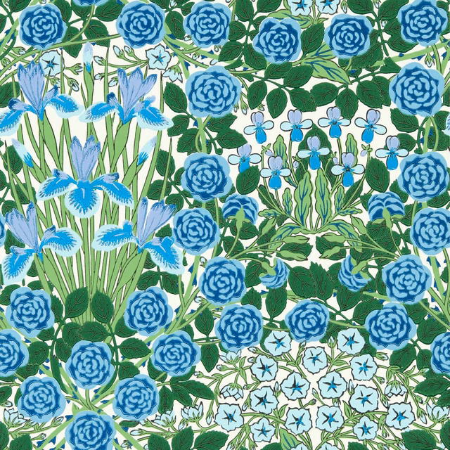 Dense blue rosette blooms, irises and green foliage on an opal ground
