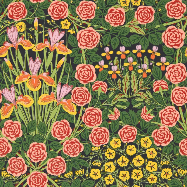 Ebony-green wallpaper with coral roses, pink irises and yellow star flowers