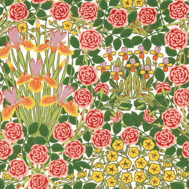 Botanical wallpaper with coral roses, green leaves, yellow flowers and pink irises