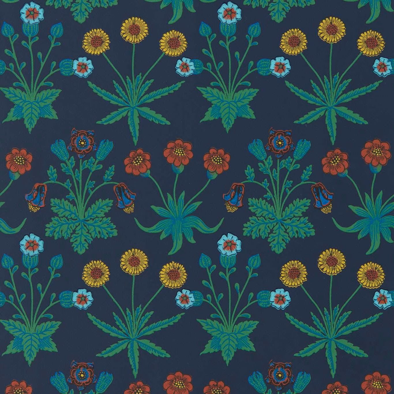 Deep midnight-blue wallpaper with teal foliage, ochre daisies and coral flowers