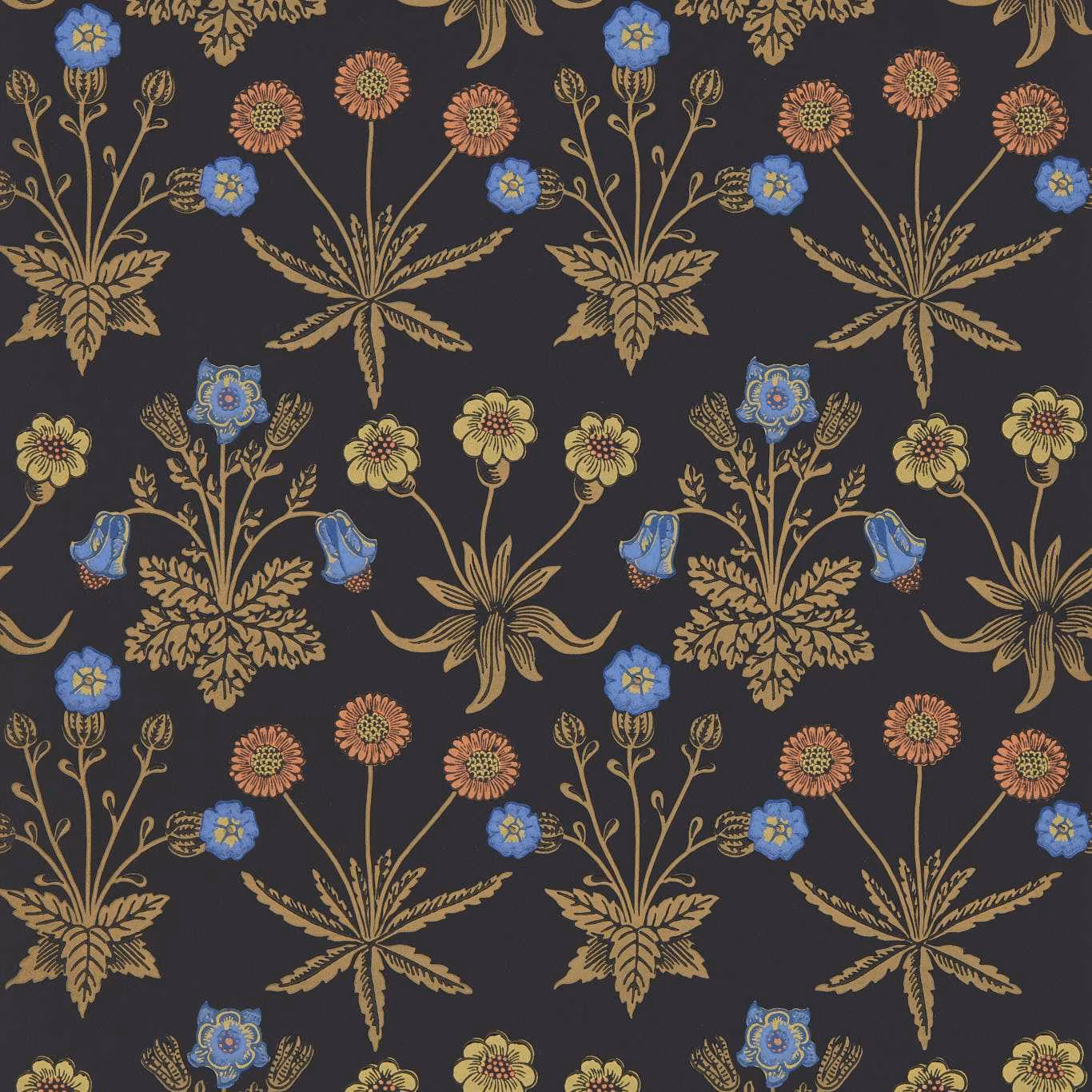 Charcoal botanical wallpaper with blue flowers, ochre leaves and coral seedheads