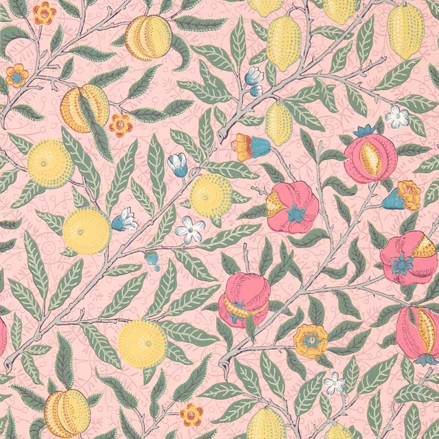 Blush pink wallpaper with citrus fruits, leafy branches and coral blossoms
