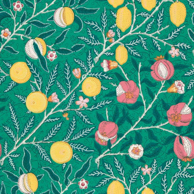 Emerald green wallpaper with lemons, pomegranates, fine white branches and pink blossoms