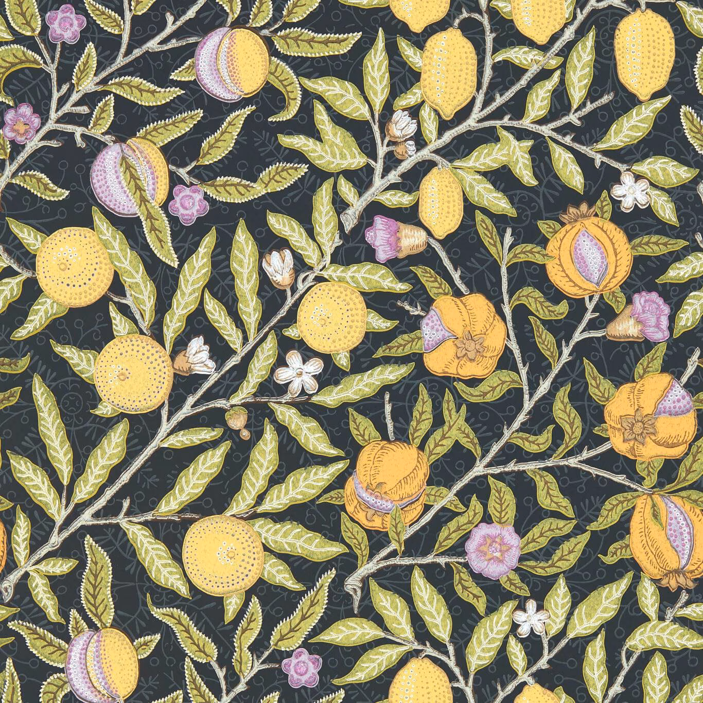 Fruit Twilight wallpaper with lemon-yellow fruit, lilac blooms and charcoal botanical ground