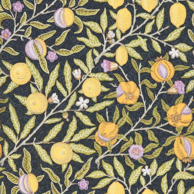 Fruit Twilight wallpaper with lemon-yellow fruit, lilac blooms and charcoal botanical ground
