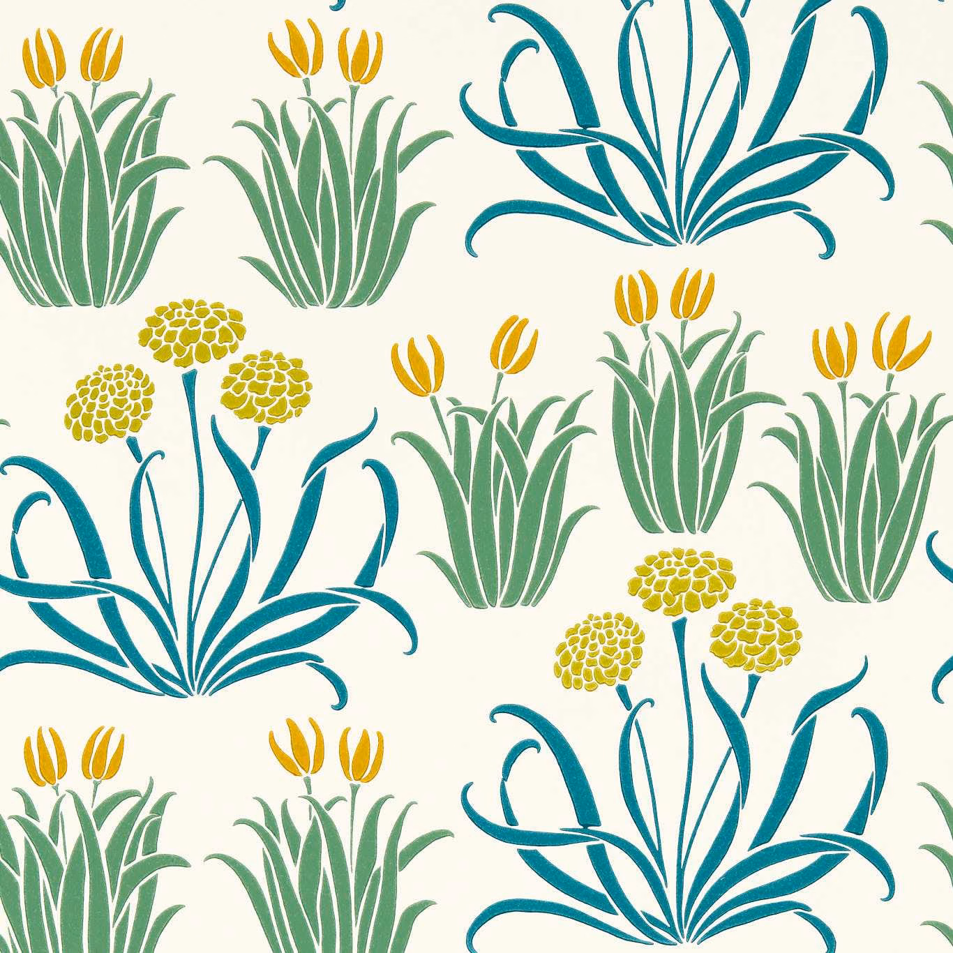 Cream wallpaper with teal foliage, sage-green leaves and ochre tulip motifs