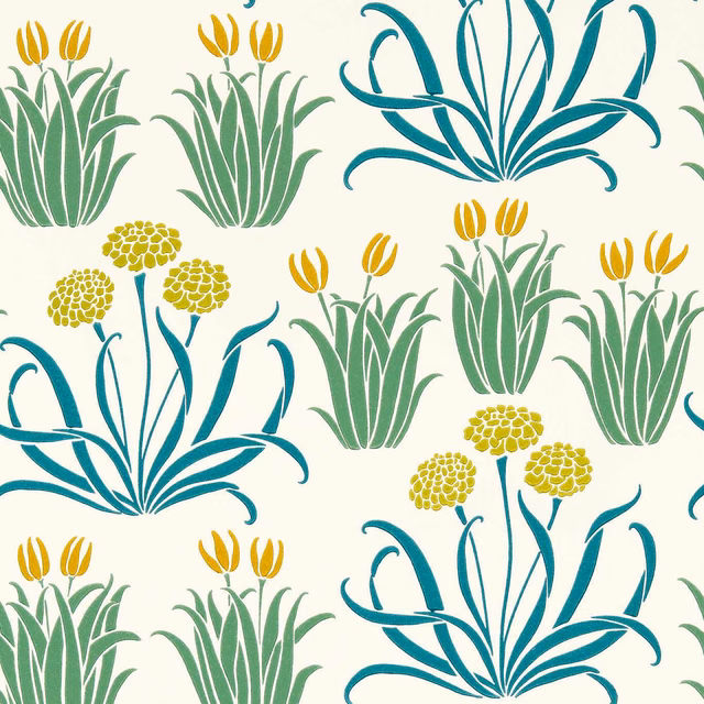 Cream wallpaper with teal foliage, sage-green leaves and ochre tulip motifs