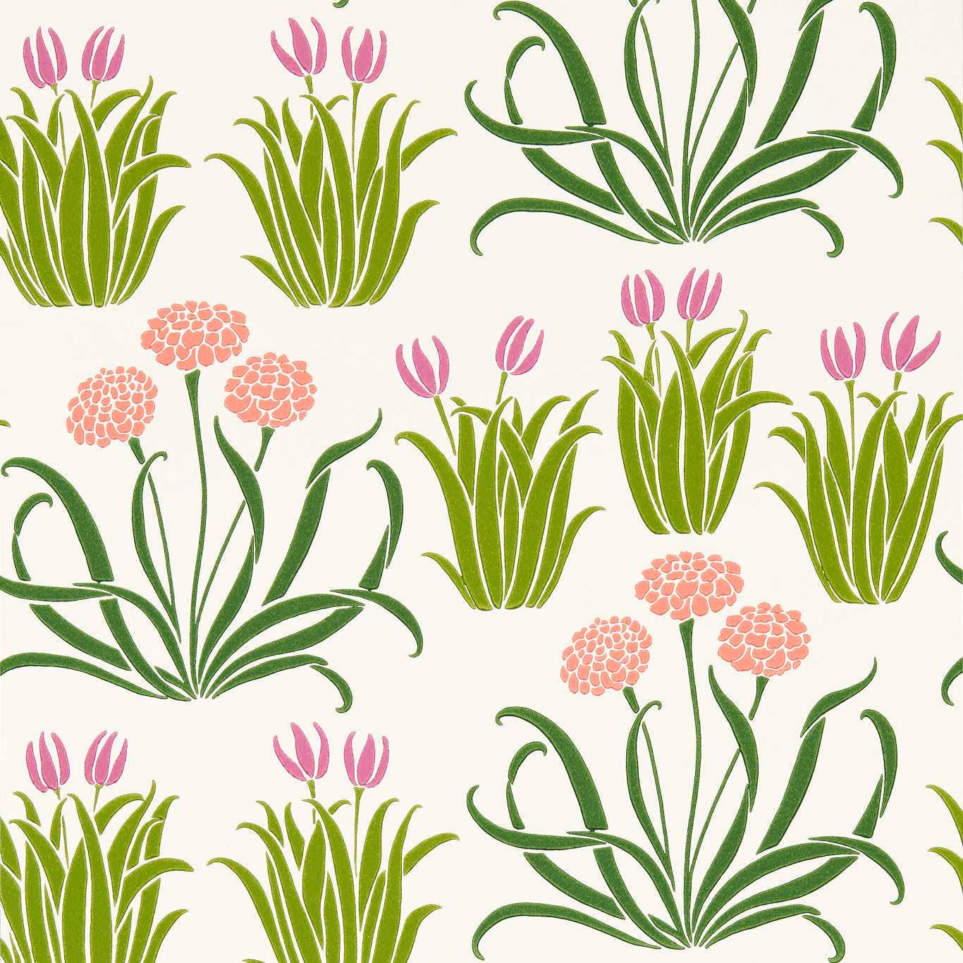 Warm cream wallpaper with pink tulips, green leaves and coral flower clusters