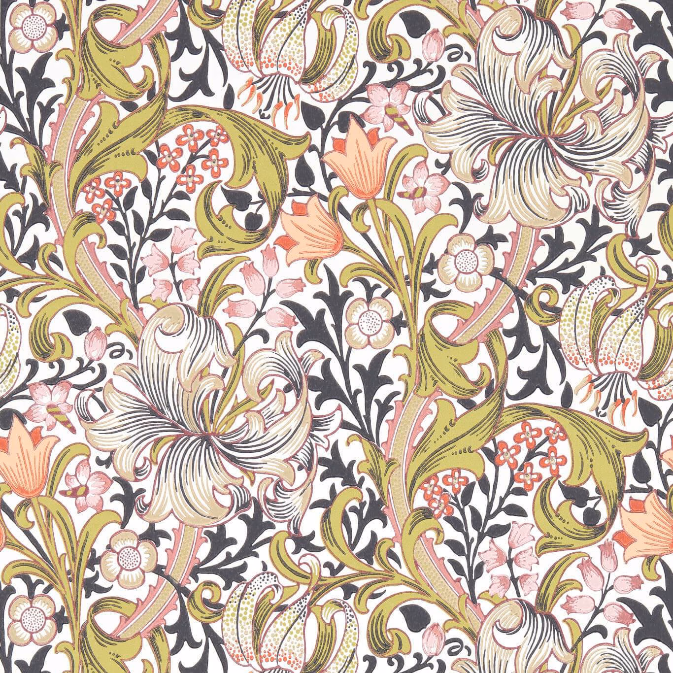 Cream wallpaper with olive scrolls, coral flowers, pink blooms and charcoal foliage