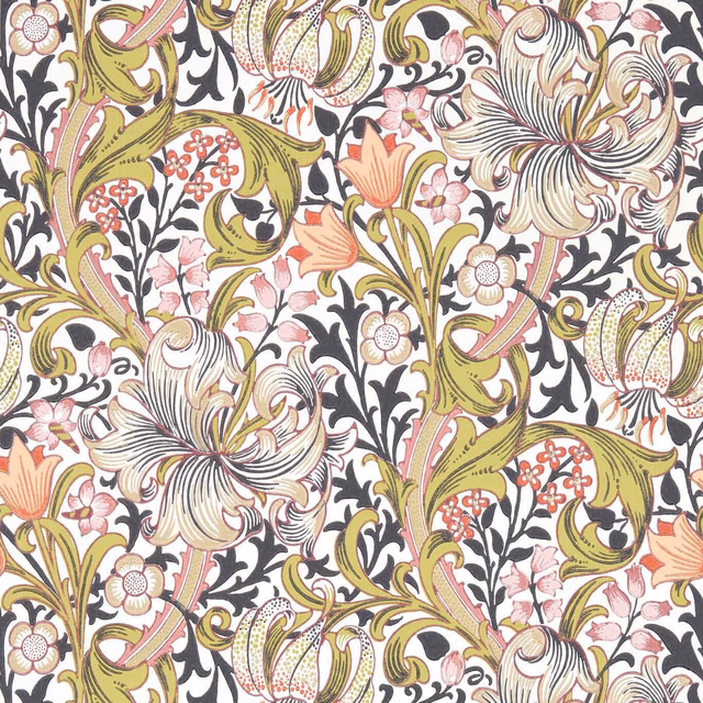 Cream wallpaper with olive scrolls, coral flowers, pink blooms and charcoal foliage