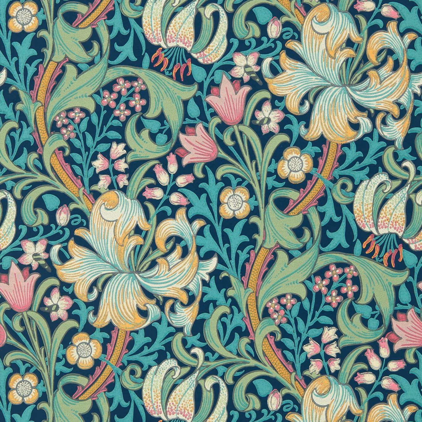 Deep teal wallpaper with golden lilies, pink blossoms, and curling sage foliage