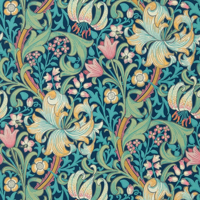 Deep teal wallpaper with golden lilies, pink blossoms, and curling sage foliage