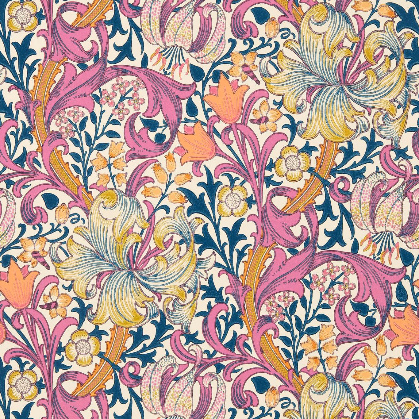 Pink wallpaper with magenta lilies, cream flowers, teal foliage and yellow accents