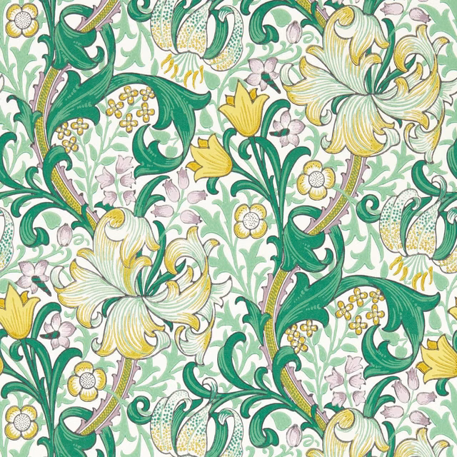 Emerald scrolling leaves and golden lilies on a pale mint ground