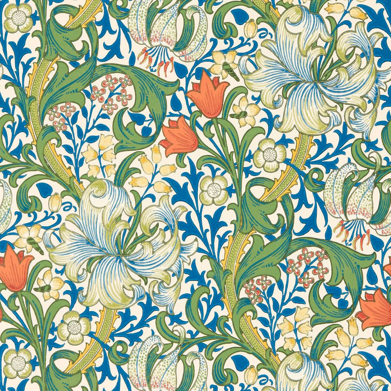 Cream wallpaper with green lilies, teal scrolls, coral tulips and golden accents
