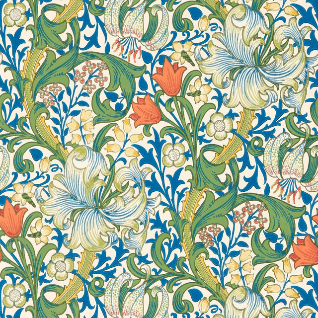 Cream wallpaper with green lilies, teal scrolls, coral tulips and golden accents