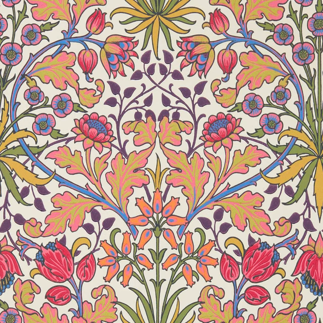 Cream wallpaper with pink flowers, olive leaves, blue scrolls and purple stems