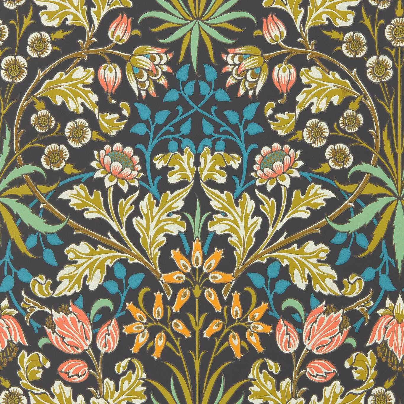 Enchanted green wallpaper with coral flowers, teal leaves and scrolling gold foliage