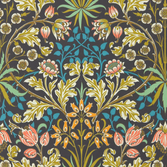 Enchanted green wallpaper with coral flowers, teal leaves and scrolling gold foliage