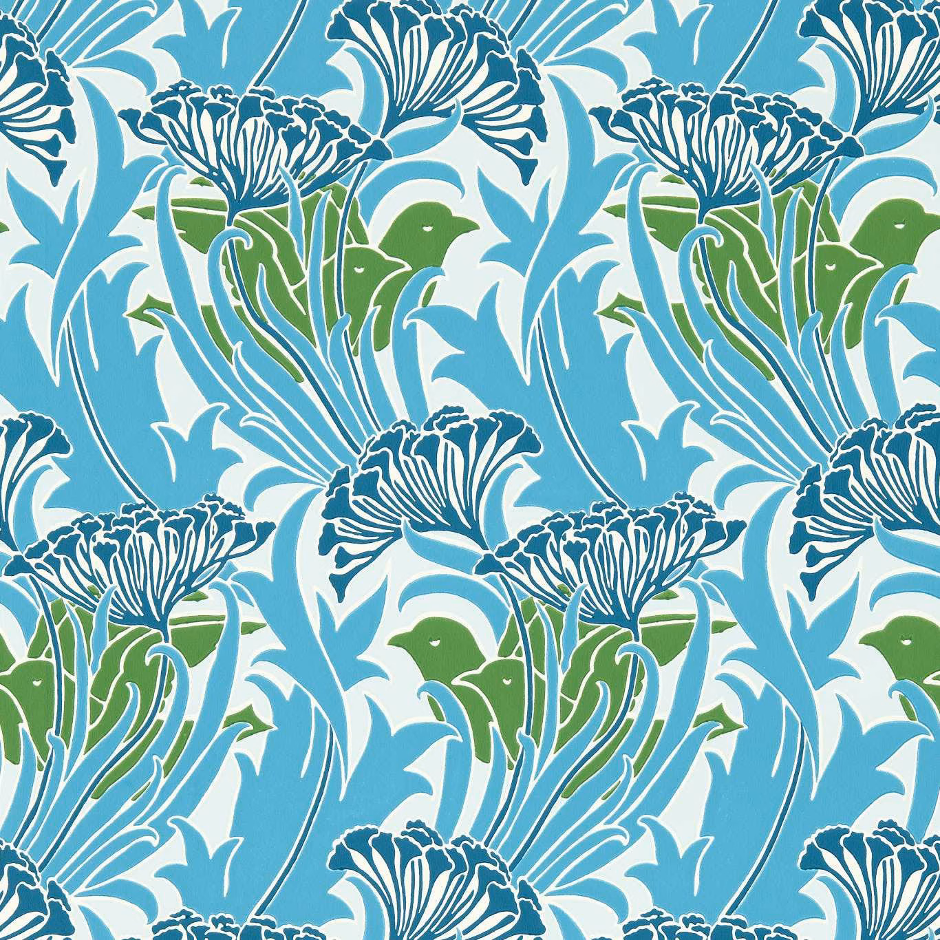 Lagoon blue floral wallpaper with white petals, teal outlines and bright green leaves