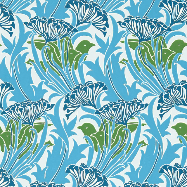 Lagoon blue floral wallpaper with white petals, teal outlines and bright green leaves