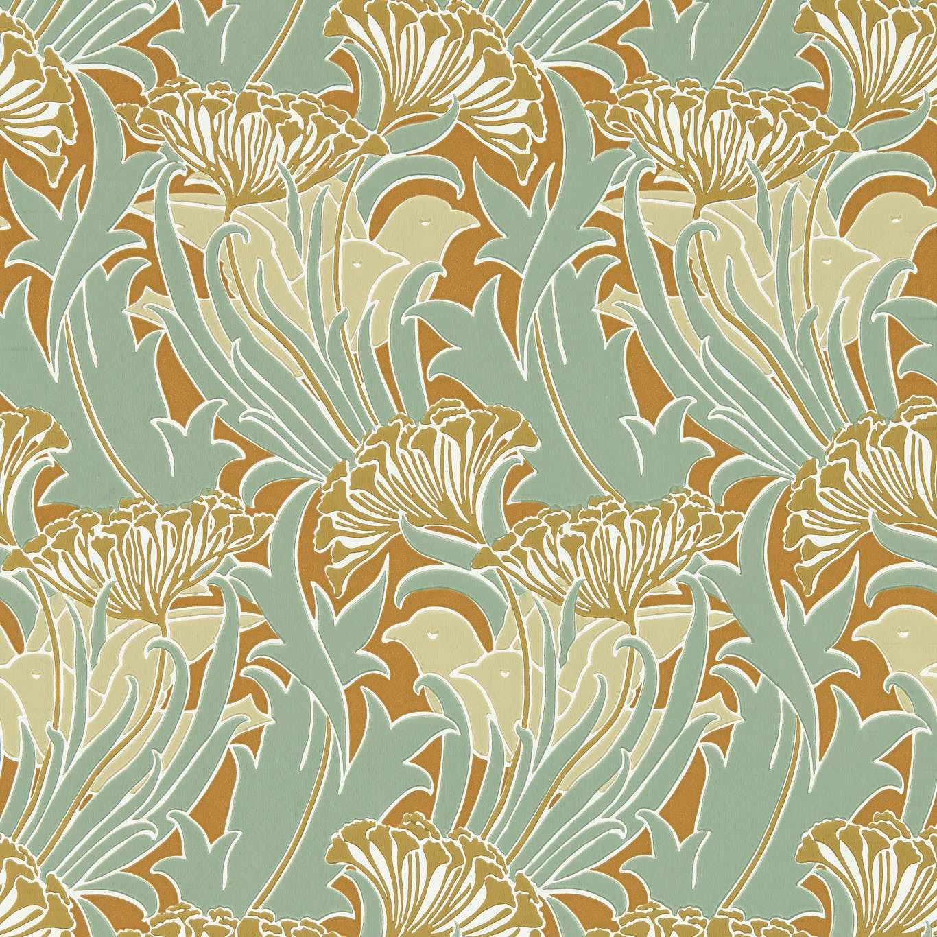 Pistachio wallpaper with tobacco and cream stylised flowering stems and large blooms