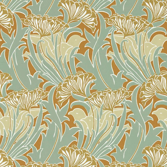 Pistachio wallpaper with tobacco and cream stylised flowering stems and large blooms