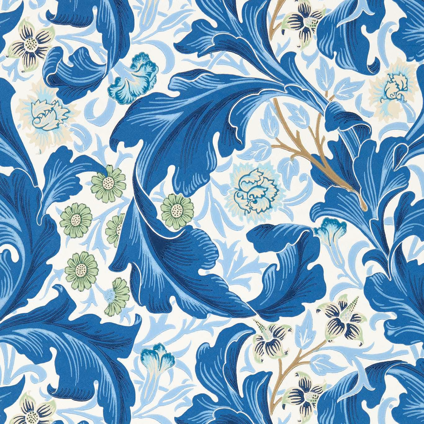 Deep blue acanthus leaves and pale florals on a cream botanical wallpaper ground