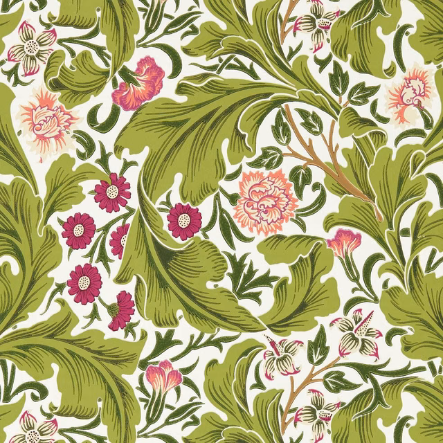 Sour green foliage and plum flowers on a warm cream botanical wallpaper ground