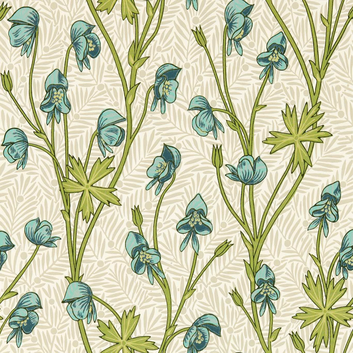 Aqua monkshood flowers with peashoot-green stems on a cream botanical wallpaper ground