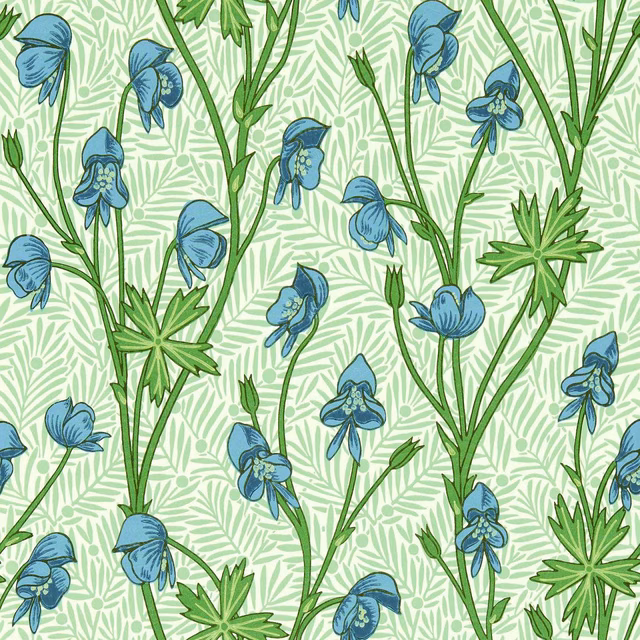 Cobalt blue monkshood flowers and green stems on a pale mint ground