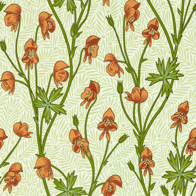 Tangerine monkshood blooms and sage stems over a pale mint leafy ground