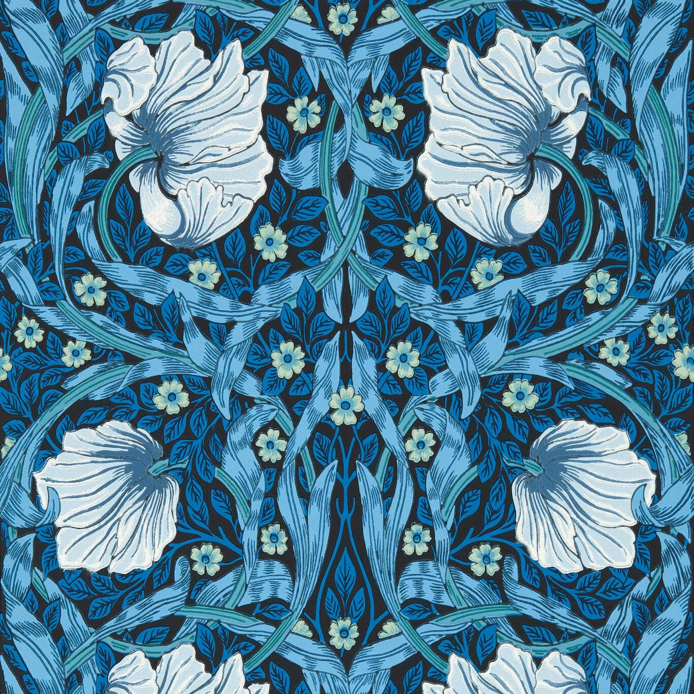 Midnight blue wallpaper with opal blooms, turquoise leaves and tiny yellow flowers