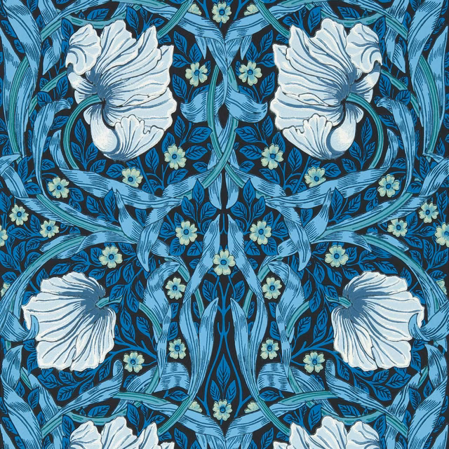 Midnight blue wallpaper with opal blooms, turquoise leaves and tiny yellow flowers