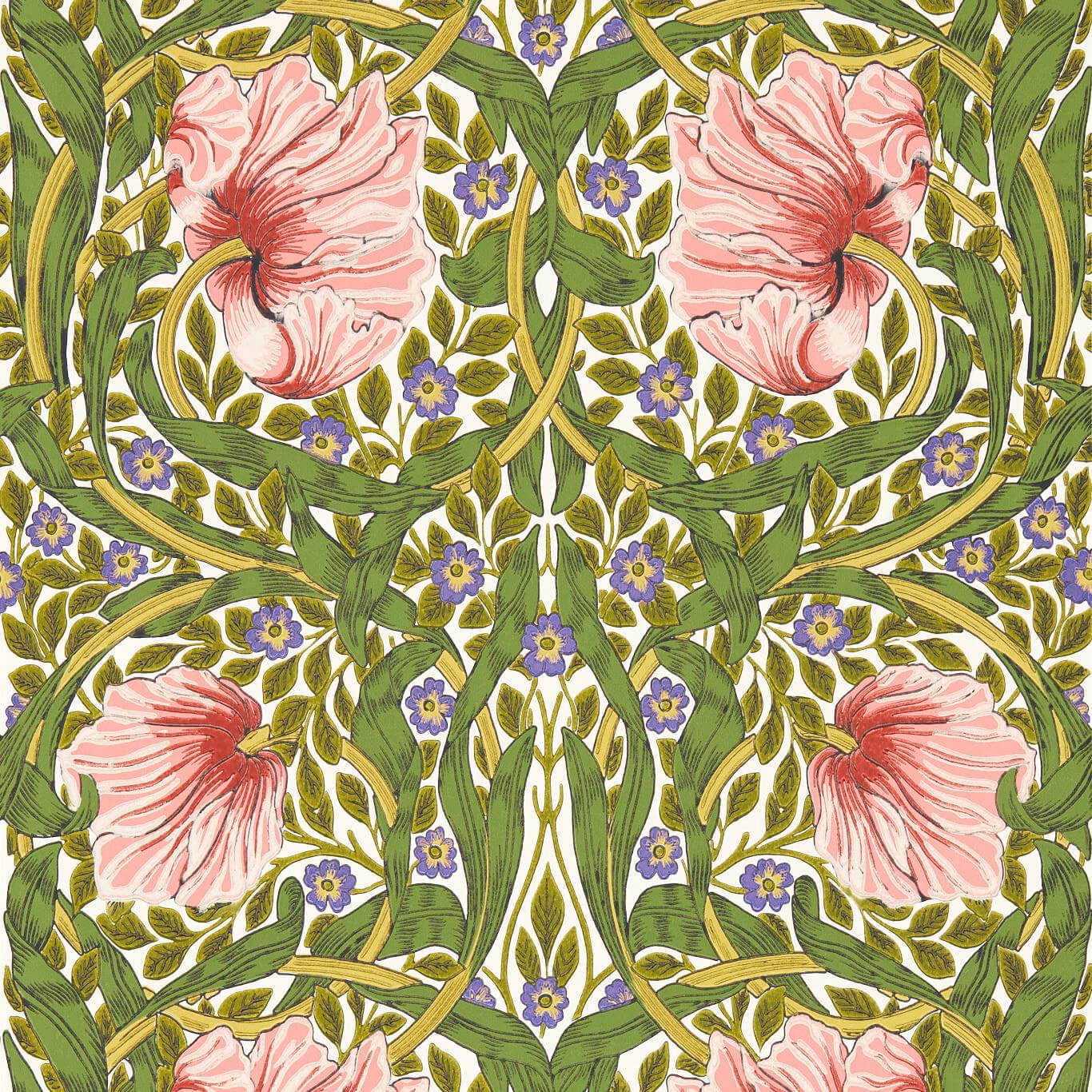 Sap green leaves with strawberry-pink blooms and purple flowers in a mirrored botanical repeat