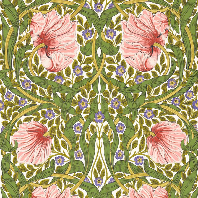 Sap green leaves with strawberry-pink blooms and purple flowers in a mirrored botanical repeat