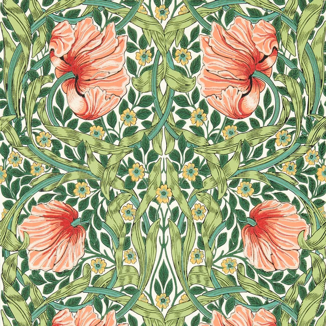 Cream-ground botanical wallpaper with coral poppies, layered green leaves and small yellow flowers