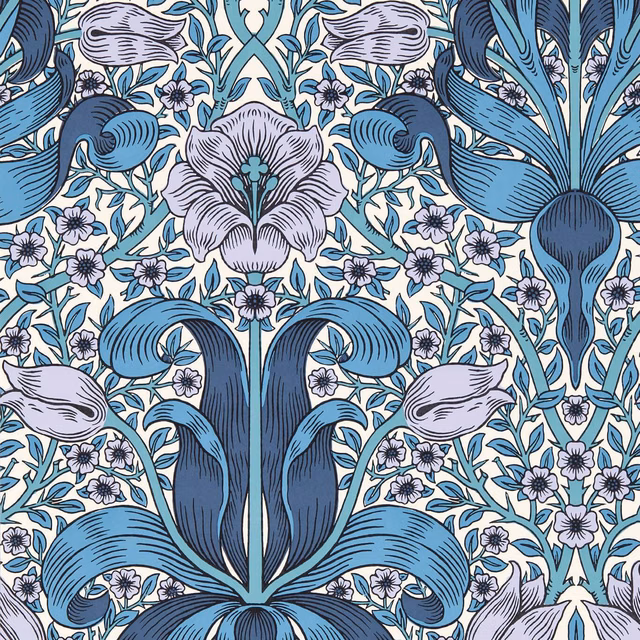 Indigo and lilac botanical wallpaper with large outlined flowers and curling blue foliage