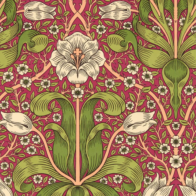 Maraschino cherry wallpaper with olive leaves, cream flowers and pink scrolling stems