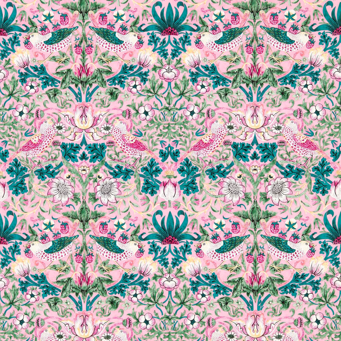 Blush-pink Strawberry Thief wallpaper with teal birds, leafy sprays and berry motifs