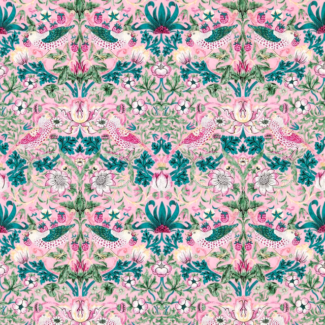 Blush-pink Strawberry Thief wallpaper with teal birds, leafy sprays and berry motifs