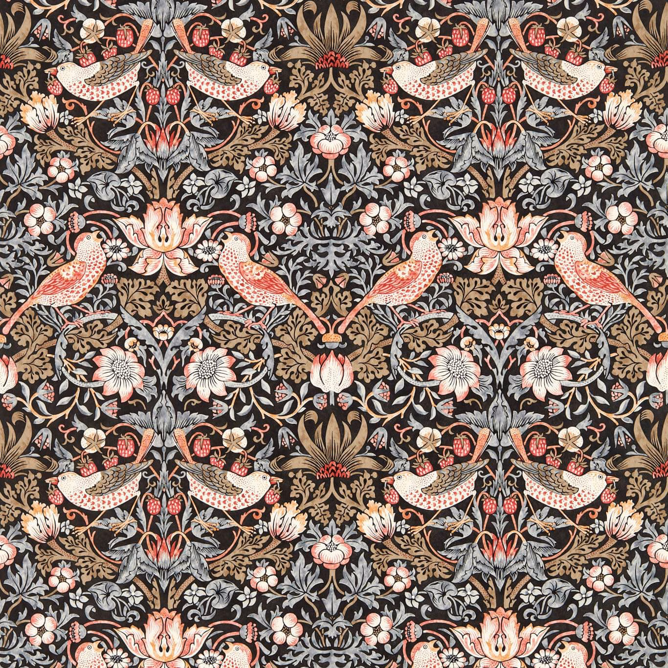 Coral birds and pale flowers among blue-grey foliage on a charcoal wallpaper ground