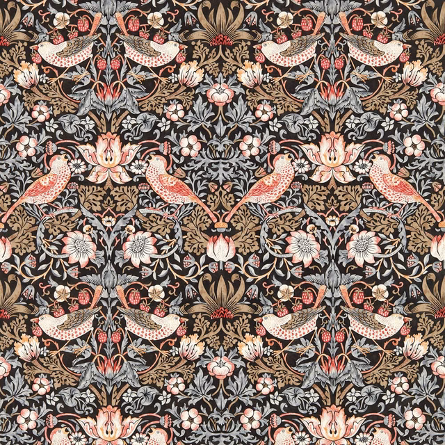 Coral birds and pale flowers among blue-grey foliage on a charcoal wallpaper ground