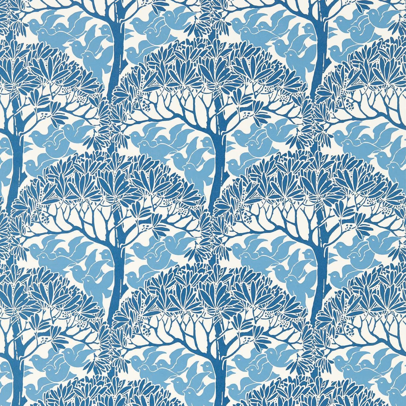 Pale blue and cream wallpaper with repeating trees and fine botanical branches
