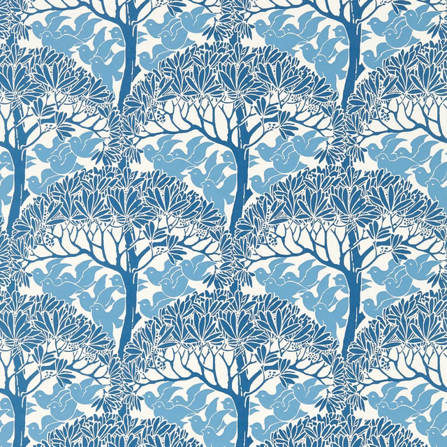 Pale blue and cream wallpaper with repeating trees and fine botanical branches