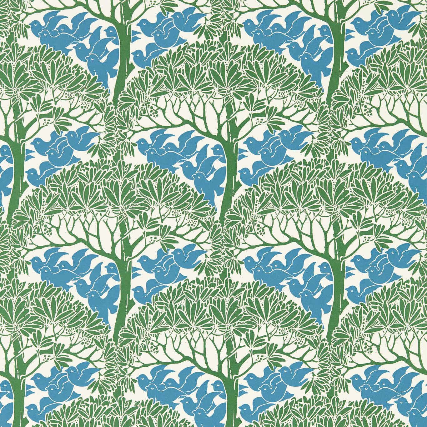 Green tree wallpaper with blue birds, fine foliage and a warm cream ground