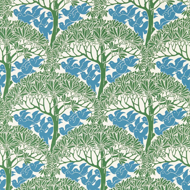 Green tree wallpaper with blue birds, fine foliage and a warm cream ground