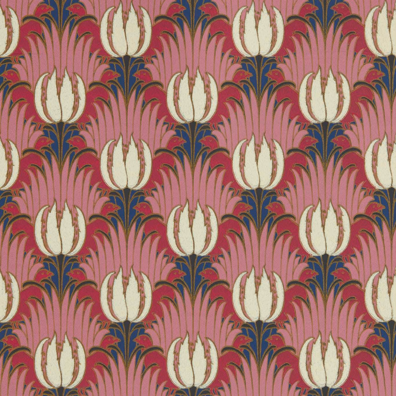 Amaranth pink wallpaper with ivory tulips, blush petals, navy foliage and olive stems